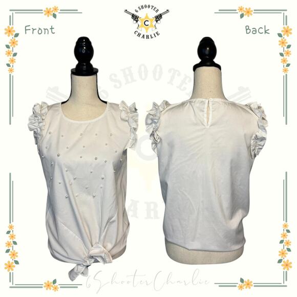 Vivid Importers of NY Tie Front Pearl Blouse Womens Sz Small White Ruffle Sleeve - Picture 1 of 8
